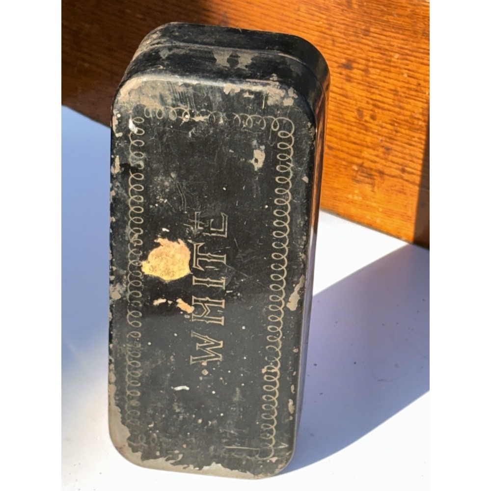 Vintage Black Metal Sewing Machine Accessories Box Purple Velvet Interior Rustic